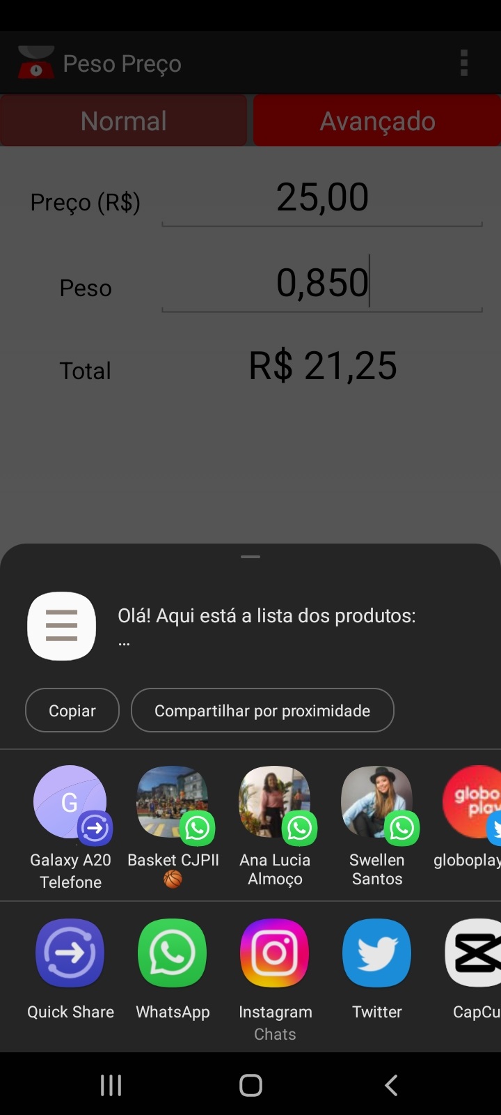 Tela do app